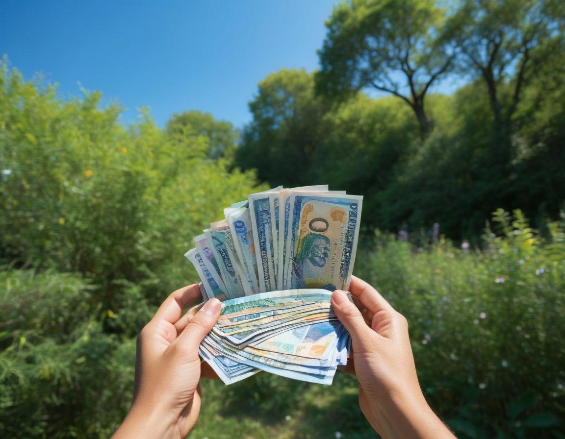 A serene outdoor setting depicting a group of diverse individuals enjoying nature while practicing nudism, surrounded by lush greenery and a clear blue sky. Some individuals are engaged in various activities like yoga, meditation, and reading, symbolizing mental empowerment. In the foreground, an open wallet with colorful bills and coins spills out, representing financial freedom. The overall atmosphere is harmonious, vibrant, and inviting. bright colors. nature-inspired. super-realistic.