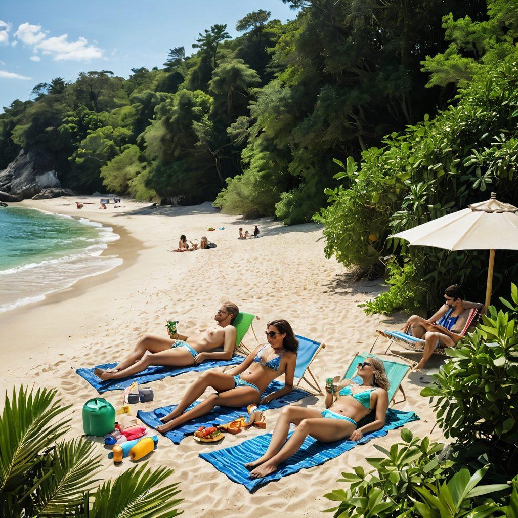 A serene beach scene with sunbathers enjoying nature, set against a backdrop of lush greenery. The composition features a playful juxtaposition of nudist figures and an abundance of beach accessories symbolizing savings like reusable items, eco-friendly products, and money-saving tips illustrated through discreet signage. The overall vibe should evoke freedom and a connection to nature, showcasing happiness and well-being. vibrant colors. super-realistic.